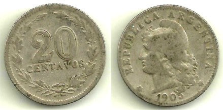 (36) Argentina. 1905. 20 Centavos (MBC)