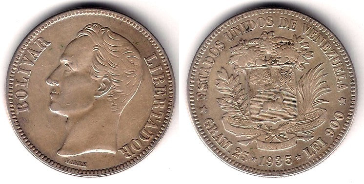 (Y24.2) Venezuela. 1935. 5 Bolivares (EBC-) (Plata)