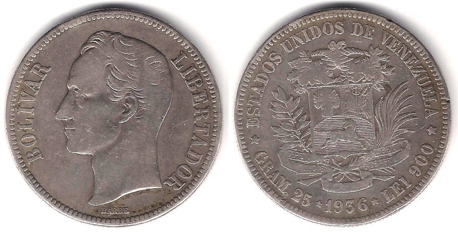 (Y24.2) Venezuela. 1936. 5 Bolivares (BC) (Plata)