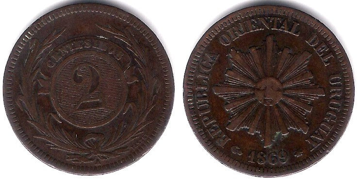 (12) Uruguay. 1869A. 2 Centesimos (MBC)