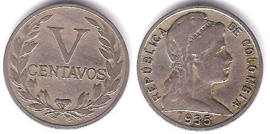 (199) Colombia. 1935. 5 Centavos (BC+)