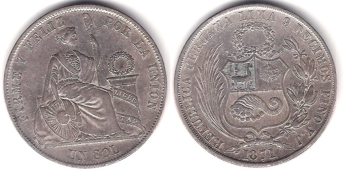 (196.3) Perú. 1871. 1 Sol (EBC-) (Plata)