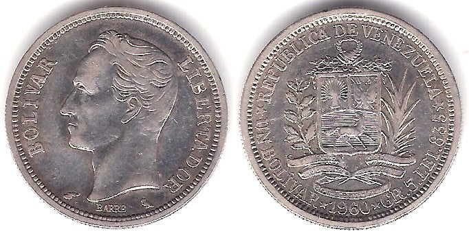 (YA37) Venezuela. 1960. 1 Bolivar (MBC+) (Plata)