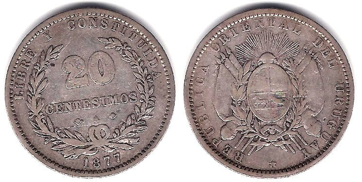 (15) Uruguay. 1877A. 20 Centesimos (BC+) (Plata)