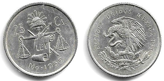 (443) Estados Unidos Mexicanos. 1950. 25 Céntimos (EBC) (Plata)