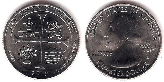 Estados Unidos de América. 2019(D). Quarter Dollar (SC) San Antonio Missions