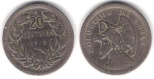(167.1) Chile. 1922. 20 Centavos (BC)