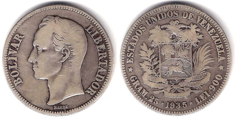 (Y24.2) Venezuela. 1935. 5 Bolivares (BC) (Plata)