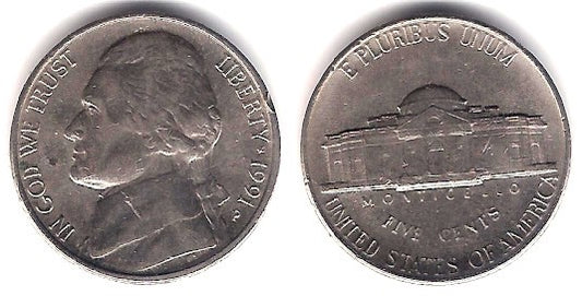 (A192) Estados Unidos de América. 1991(P). 5 Cents (EBC)