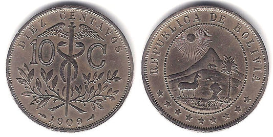 (174.3) Bolivia. 1909. 10 Centavos (MBC+)