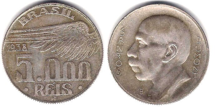 (543) Brasil. 1938. 5000 Reis (MBC+) (Plata)