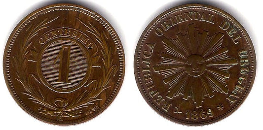 (11) Uruguay. 1869H. 1 Centesimo (MBC+)