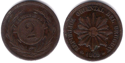 (12) Uruguay. 1869A. 2 Centesimos (MBC)