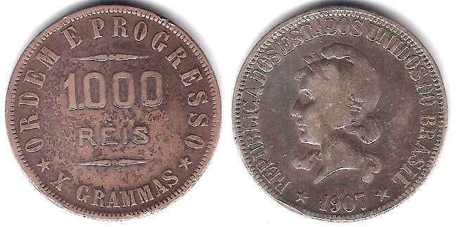 (507) Brasil. 1907. 1000 Reis (BC+) (Plata)