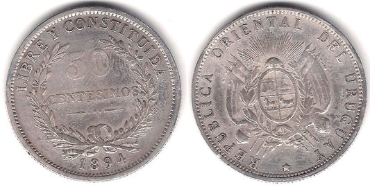 (16) Uruguay. 1894. 50 Centesimos (MBC) (Plata)