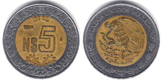(552) Estados Unidos Mexicanos. 1994. 5 Nuevo Pesos (BC+)