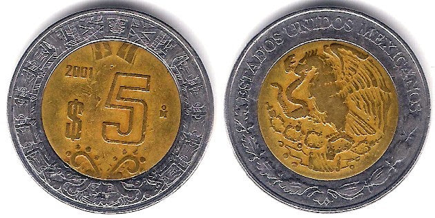 (605) Estados Unidos Mexicanos. 2001. 5 Pesos (BC)