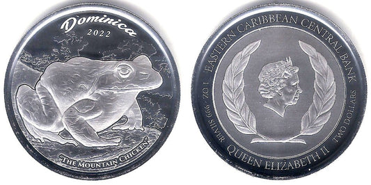 Estados Orientales Caribeños. 2022. 2 Dollars (Proof) (Plata) Dominica. The Mountain Chicken