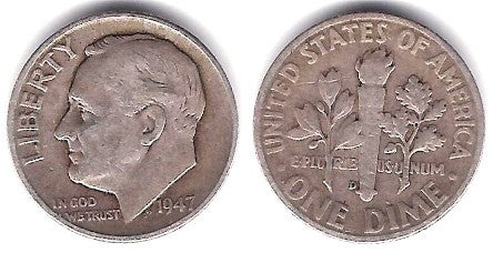 (195) Estados Unidos de América. 1947(D). 1 Dime (BC) (Plata)