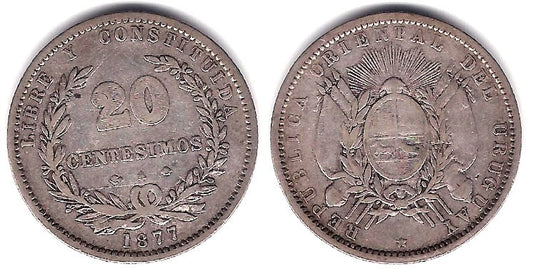 (15) Uruguay. 1877A. 20 Centesimos (BC+) (Plata)