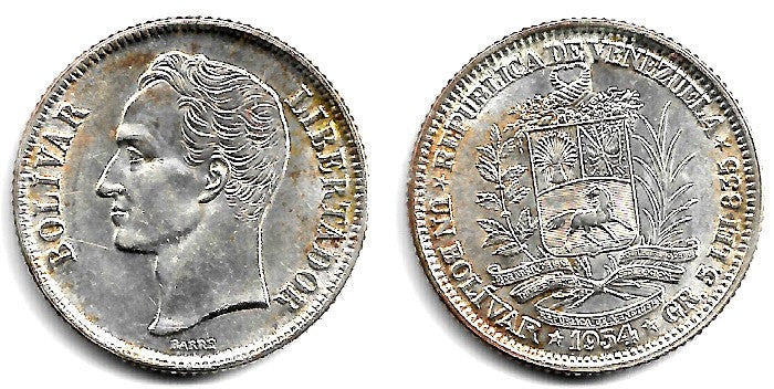 (Y37) Venezuela. 1954. 1 Bolivar (EBC+) (Plata)