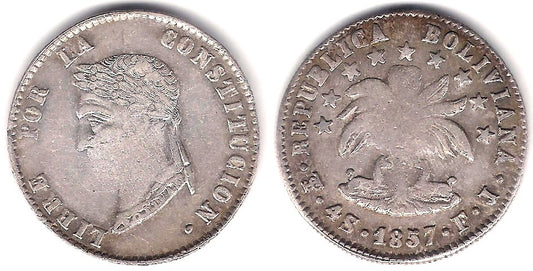 (123.2) República Boliviana. 1857. 4 Soles (MBC-) (Plata) Ceca de Potosí FJ