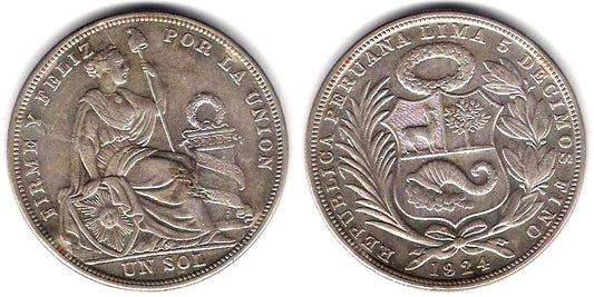 (218.1) Perú. 1924. 1 Sol (MBC+) (Plata)