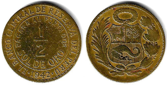 (220.5) Perú. 1942. ½ Sol de Oro (BC/BC-)