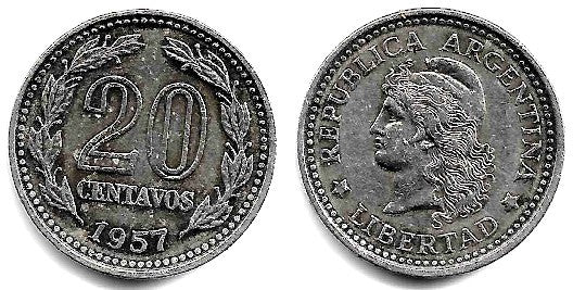 (55) Argentina. 1957. 20 Centavos (MBC+)